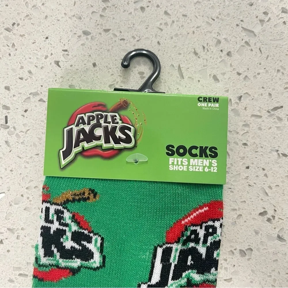 Kellogg’s Apple Jacks Men’s Green Fun Print Novelty Crew Socks Shoe Size 6-12